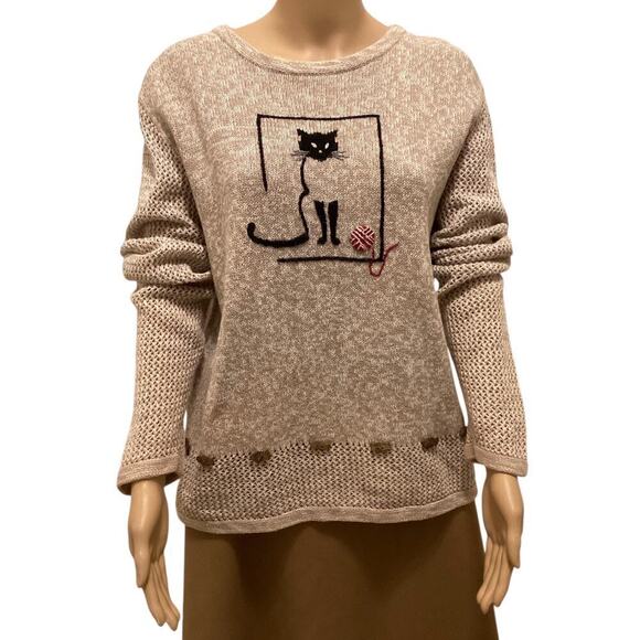 Vntg Christoper & Banks Hand embroidered  Cat embelish knit crewneck sweater L - Picture 1 of 5